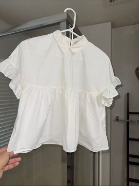 Only Cream Ruffle Short Sleeve Collared Blouse